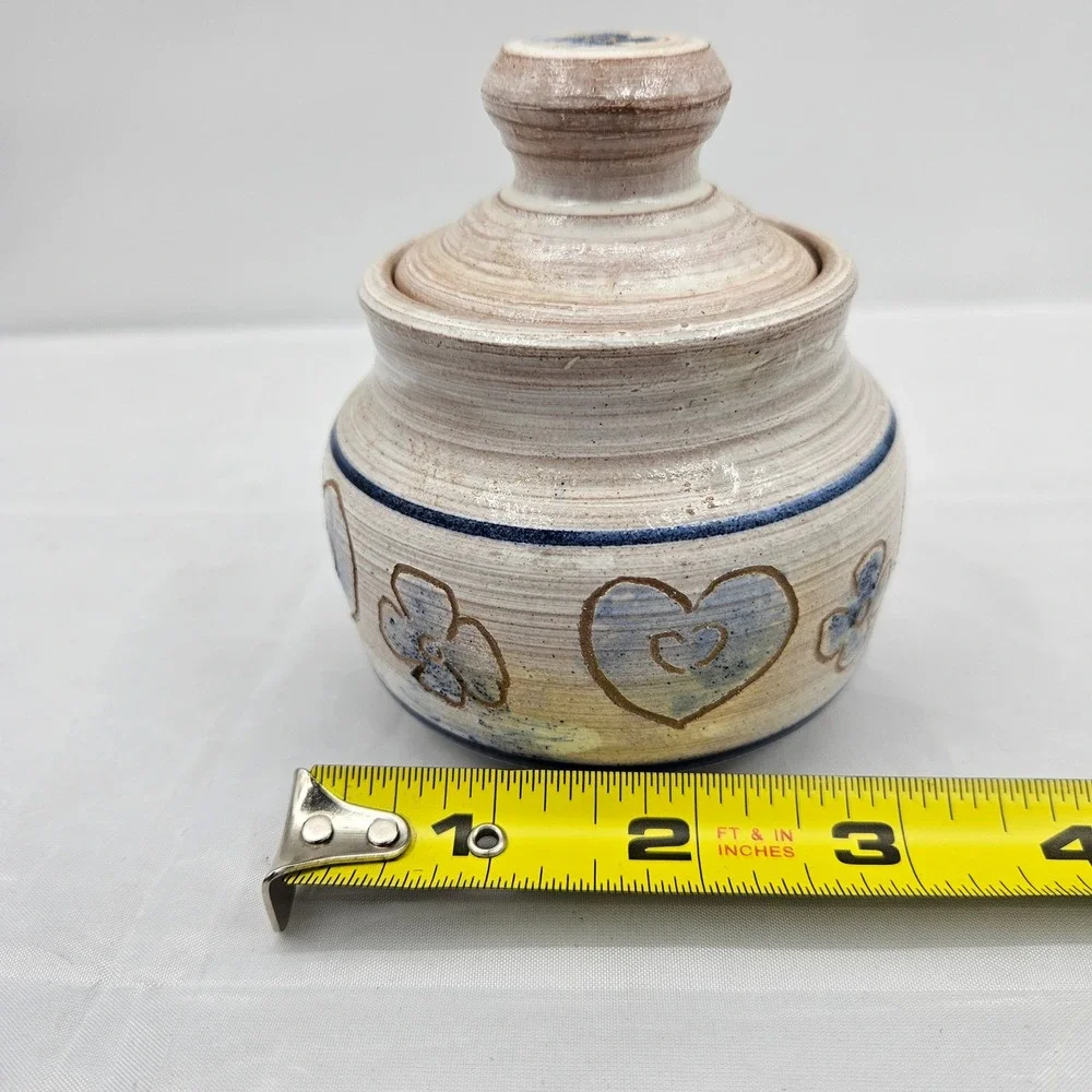 Rowe Pottery Works Lidded Sugar Bowl Heart & Flower Blue Salt Glazed Stoneware